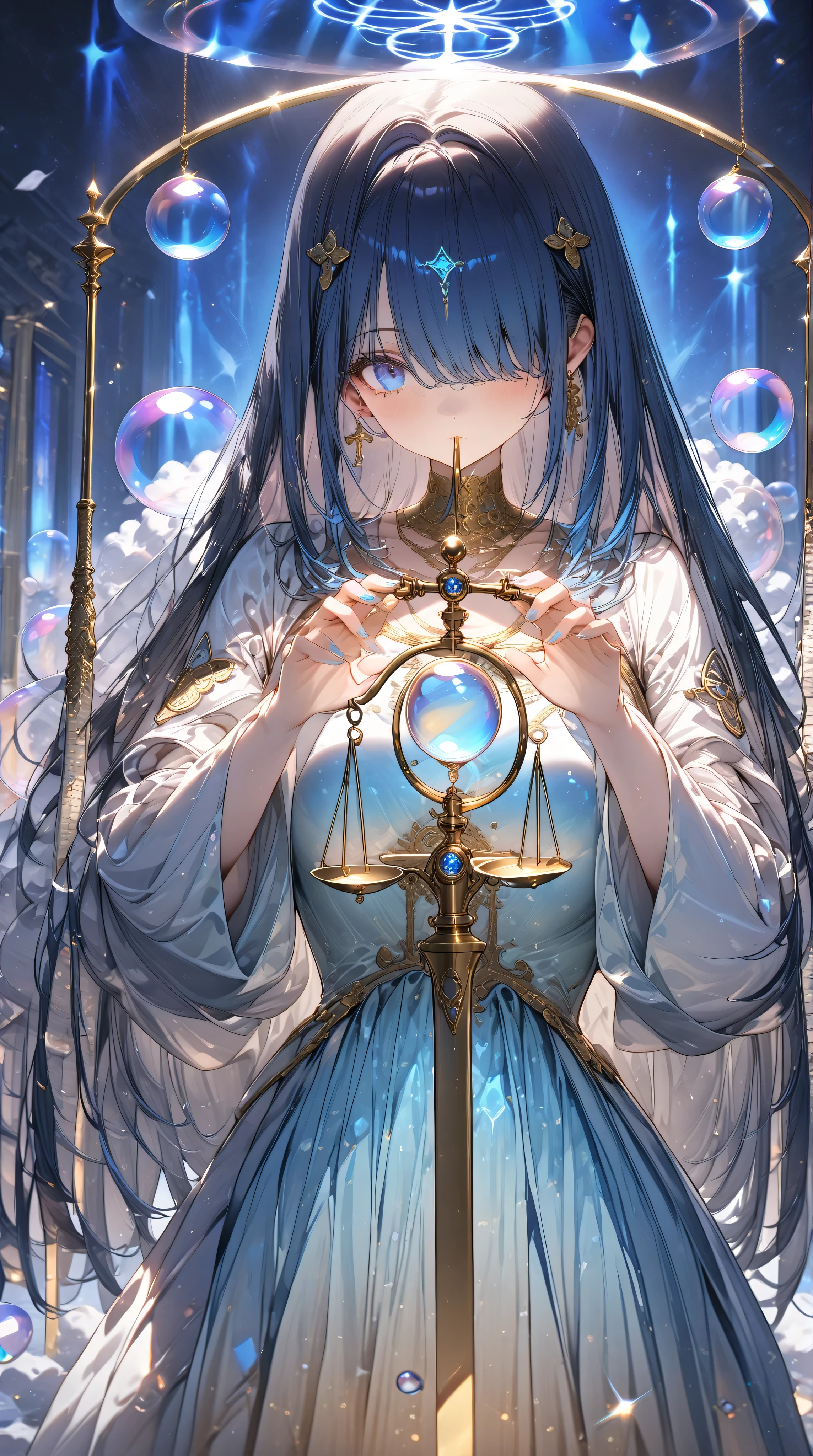 ((masterpiece, HD ,8k)),(( very detailed ,perfect picture)),(perfect anatomy),(ultra detailed),( scientists),((Anat god)),((pale white dress)),(hair over eye),(dark blue hair),((one adult woman)),(emblem),((large surveyor balance)),((hold a large sword with both hands)),(classical balance scale made of brass,There are plates on both sides,There is a pillar in the center),((Big soap bubble)),geometry,Growing blue feathers,(Pure blue background ),((sound))bright lights,((scepter)),((front shot)),god, mysterious ,(Look down),(Close your mouth),(cool lady),((adult woman)),(slender), suspicious,((straight hair)),(long hair)