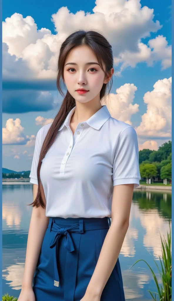 Best quality, Masterpiece, 超高分辨率, RAW photo, (Photorealistic:1.4), 1girll, Detailed face, Cowboy shot, In (White shirt with blue collar, Blue sport shorts),Large breasts,Unbuttoned clothes,cleavage,(Narrow waist:1.2), Long hair, On campus, Bokeh, Beautiful lighting, model posing,Smile，