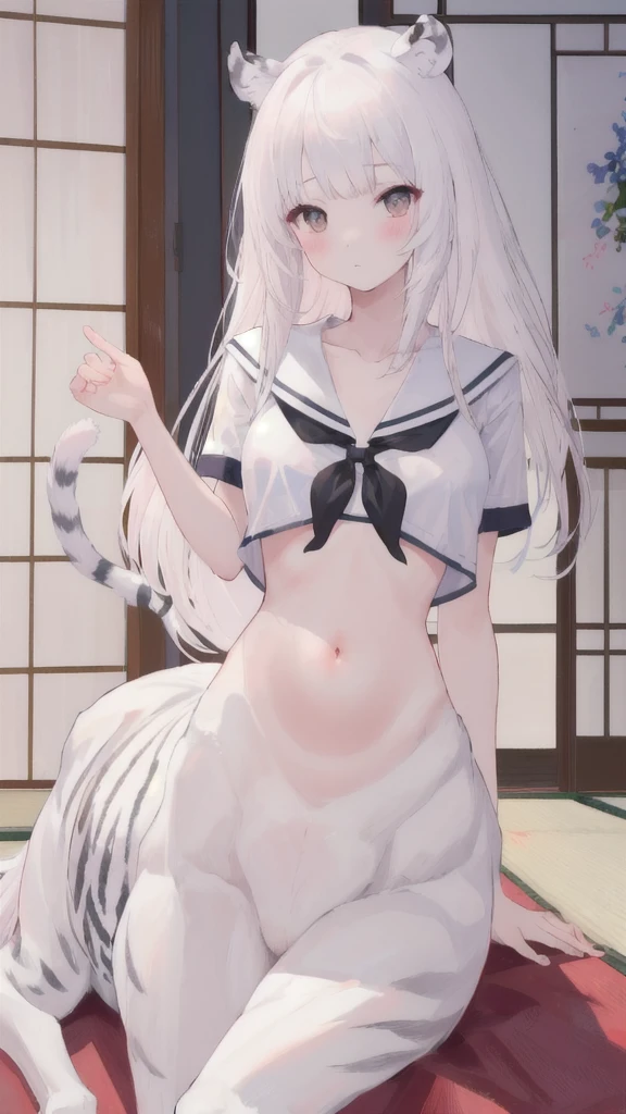 (best quality, masterpiece), 1 girl, centaur, It takes, White skin, Korean ,Abs, Athletic Competition,exposing the abdomen,belly button t-shirt, 아름다운 소녀 perfect white tiger photo, perfect white tiger photo
