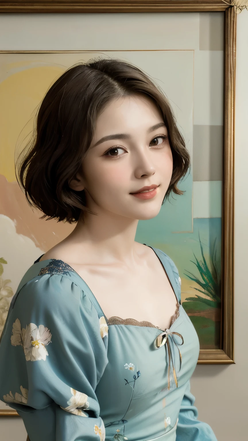 362 (20 year old female),(short hair), ( High Definition Photos ), (gentle smile), (colorful floral dress), (Leonardo da Vinci Paintings)