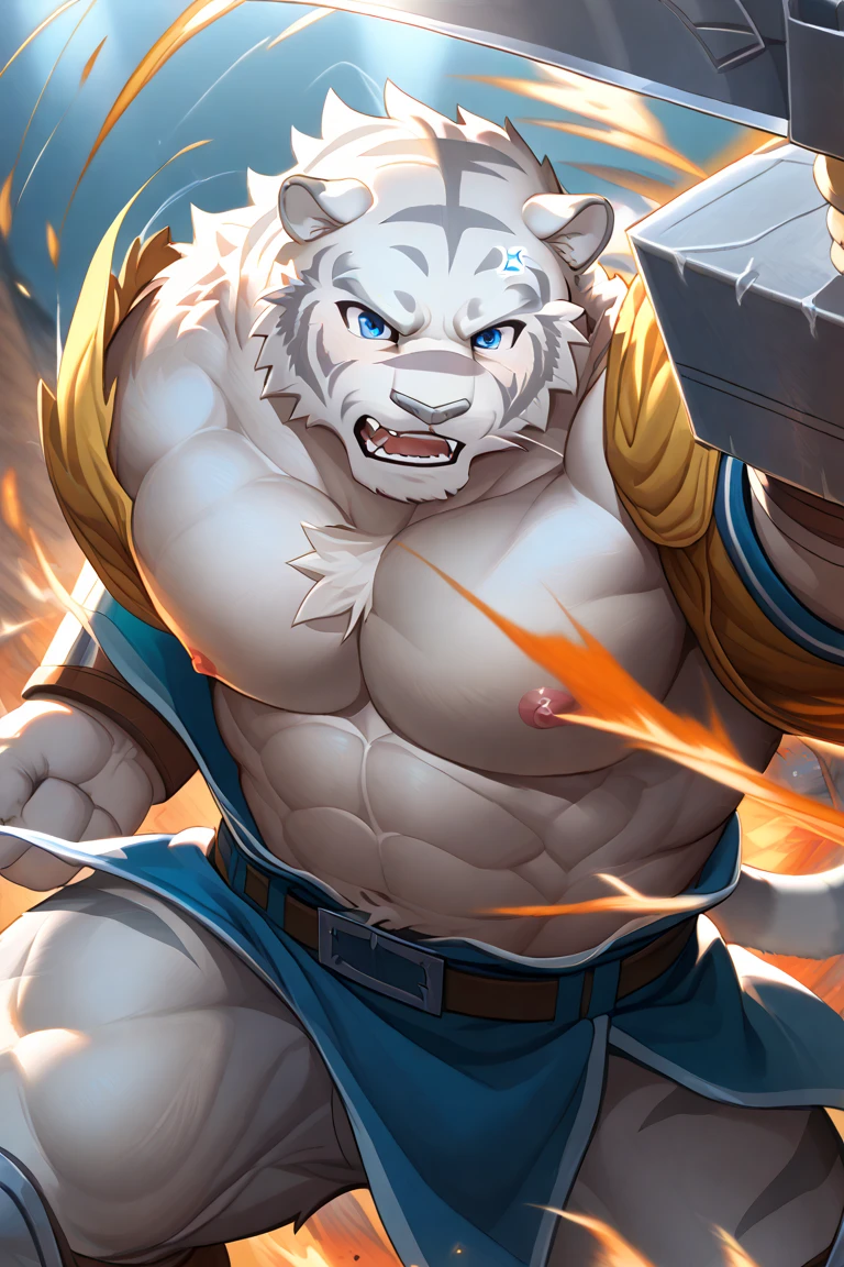 NJ5FURRY, (White Lion, sin camisa, cuerpo en forma de V, top-less, sin camisa)), albino, pelaje blanco, bulto en la entrepierna, pelaje blanco, ((cuerpo completo)) Masculino, kemono, ((Sombras extremadamente realistas, Obra maestra, extremadamente detallado, fotorrealista), ((White Lion)), pectorales masivos y muy musculosos, fuerte, macho maduro, postura de culturismo, expresion amigable, sonrisa traviesa, Cara detallada, guapo, enorme, cuerpo musculoso y masivo, pectorales abultados, abdominales musculosos, cintura estrecha, melena peinada hacia atras, pelo corto, nariz roja, ojos azules, ojos grandes, Wear a tight swimsuit, Mountain forest.