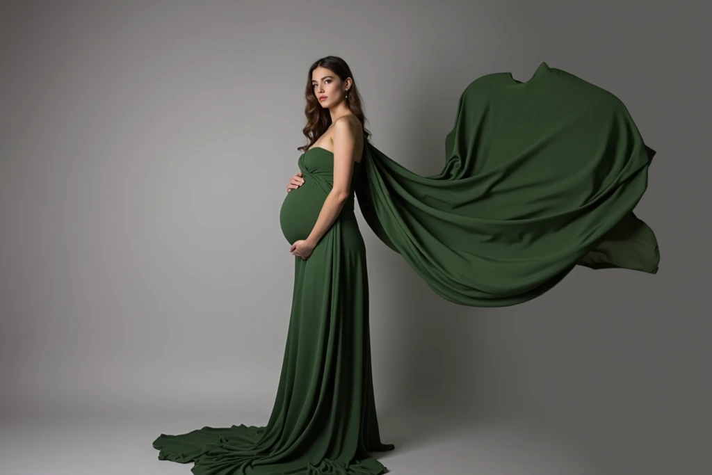 pregnant woman in a flowing green dress posing for a picture, cover shot, backdrop with Paper marbling
pattern , “hyper realistic, cover. photo : david roemer, flowing gown, soft elegant gown, draped in flowing fabric, award winning studio photo, endless flowing ethereal drapery, beautiful gown, ellie victoria gale, gown, award winning fashion photo, cait miers, monia merlo