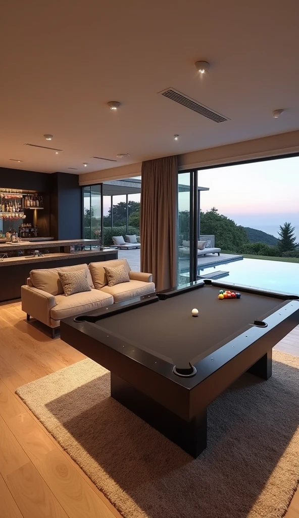 "Ultra-realistic image of a high-end entertainment room in a luxury Portuguese villa. The space features a sleek black billiard table, a cozy lounge area with plush beige sofas, and a stylish bar with modern lighting. The wooden flooring and neutral tones add warmth to the ambiance, while large windows provide a view of the villa’s stunning surroundings. The atmosphere is elegant yet relaxed, perfect for social gatherings and leisure."