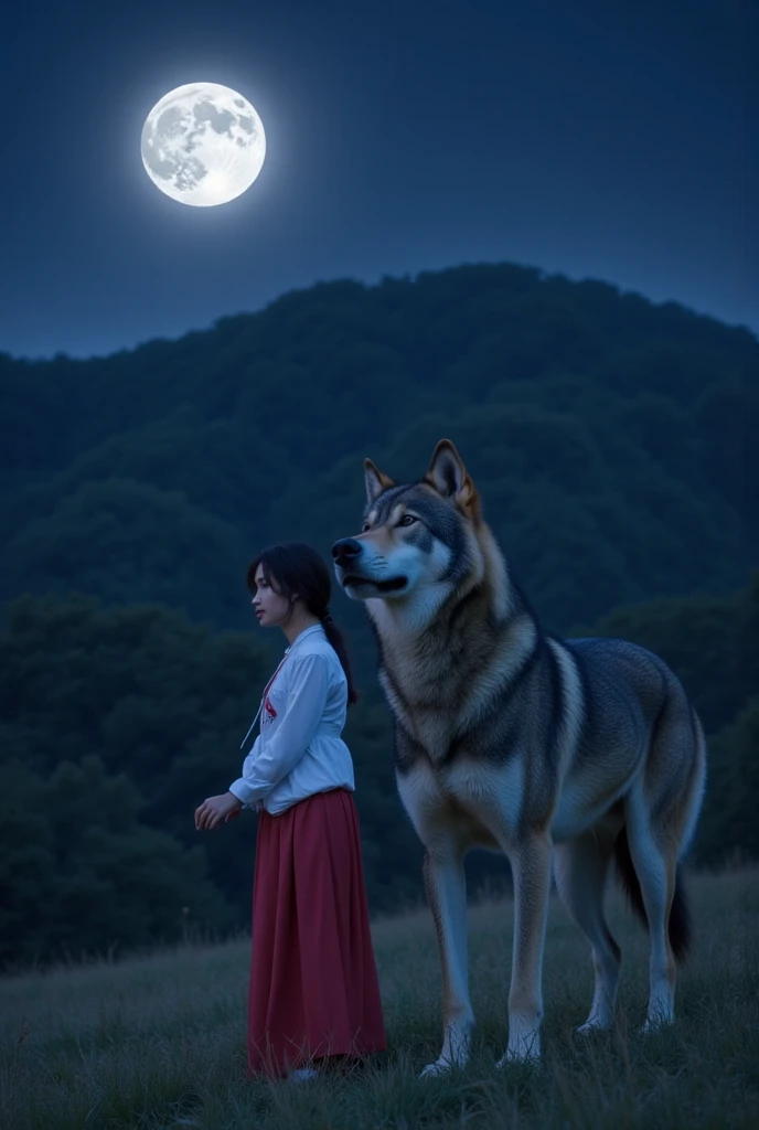 I have 1 girl and 1 wolf.She's a 20-year-old Korean beauty with a perfect body.I'm wearing a hanbok.Behind her is a giant wolf that protects her.It's in the mountains with a big moon floating in the night sky.