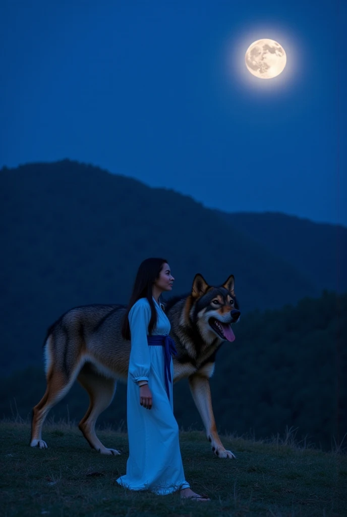 I have 1 girl and 1 wolf.She's a 20-year-old Korean beauty with a perfect body.I'm wearing a hanbok.Behind her is a giant wolf that protects her.It's in the mountains with a big moon floating in the night sky.