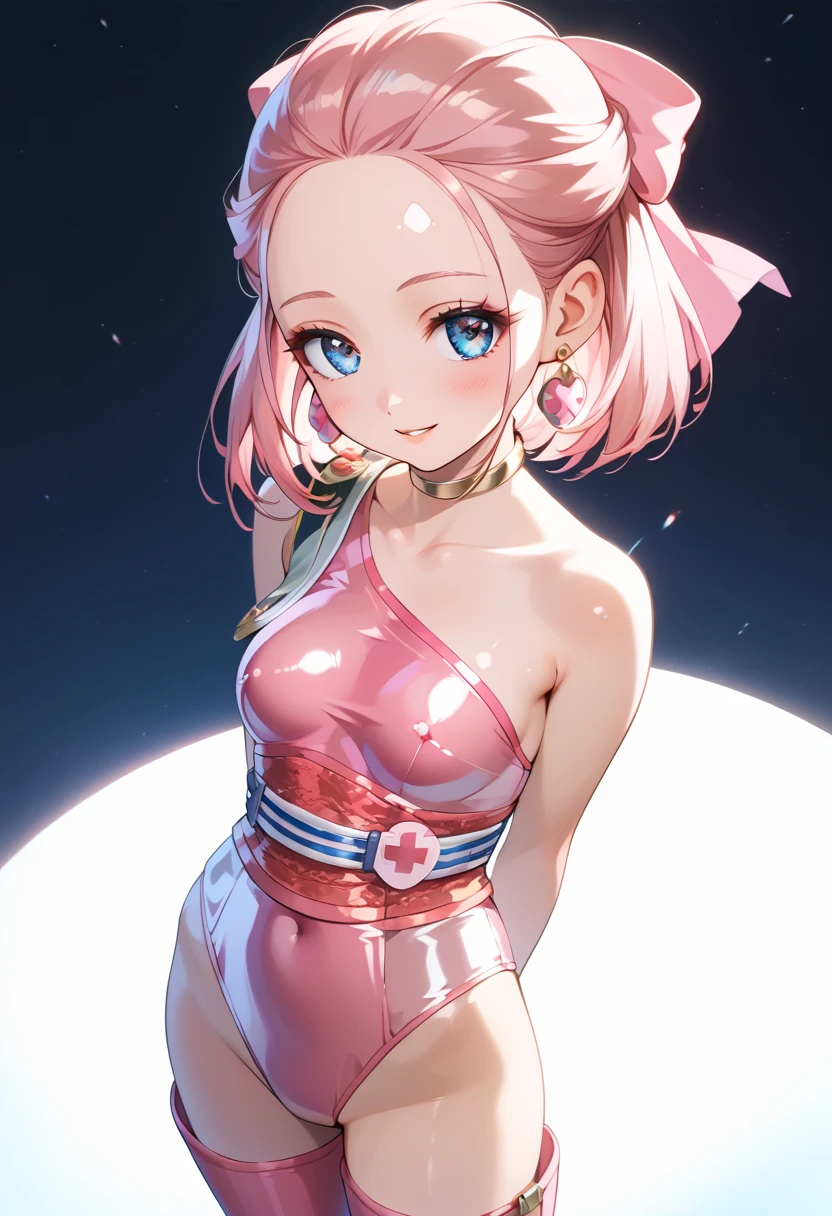 (masterpiece, best quality), 1girl, Light pink Sleek High Bun, Size E breasts, Sienna Surplice top and High-waisted sequin mini skirt with a sparkly shine, kneehighs, Posing with arms overhead, palms facing upwards., <lora:yoshi:1> yoshiostyle