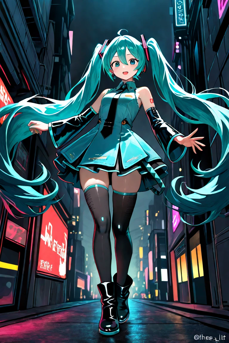masterpiece, Hatsune Miku, Giantess, Looming over the little guy, Glare, Grin, Intimidating, Dominant, Queen, (A street of electronics below knee height, full body), Striped Panties, Holding green onions, Buildings lower than knee height