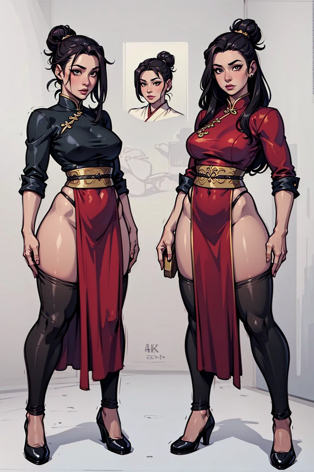 ((best quality)), ((4k)), ((highres)), ((masterpiece:1.2)). ((detailed)), ((ultra realistic)), ((intricate details)), ((full body picture)), ((character design sheet)), full body picture of a beautifull chinese female, asian woman, pale skin, chinese princess, perfect face, fierce and confident expression on her face, detailed eyes, detailed lips, 30 years old, about 5'7 tall, long straight black hair down to her hips, ((emphasis long straight black hair down to her hips)), hair bangs, ((emphasis on her hair bangs)), pretty, feminine woman, toned body but not too muscular looking, dressed in a red cheongsam sleeveless backless high slit legs, ((emphasis on the red cheongsam sleeveless backless high slit legs)), ((emphasis on her cheongsam being RED)), ((her cheongsam is RED)), showing cleavage, she's wearing black skin-tight high boots, ((emphasis on black skin-tight high boots))metal cuff black bracelet bangle with gold adornaments, fighting game character concept art, tekken character design, the king of fighters character concept, full bofy, full body concept art, full body art
