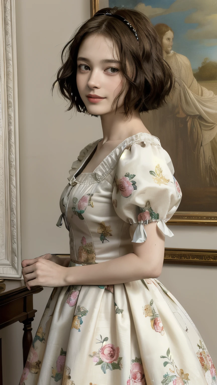 362 (20 year old female),(short hair), ( High Definition Photos ), (gentle smile), (colorful floral dress), (Leonardo da Vinci Paintings)