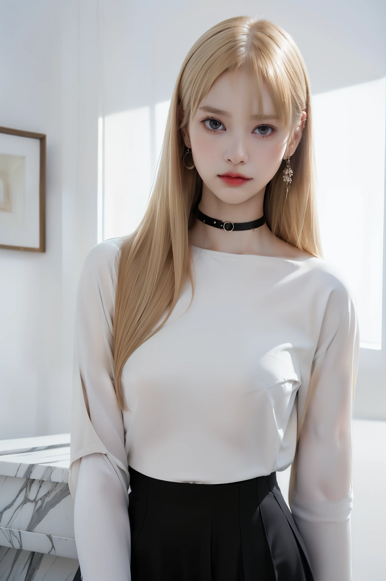 Jenny kim blonde girl, jennie loira, jenny kim, jennie kim do black pink, white hair, long and blonde hair, pele white, white, big and fluffy lips, traditional korean idol makeup, girl with perfect skin, Korean woman lying in bed wearing a black sweatshirt