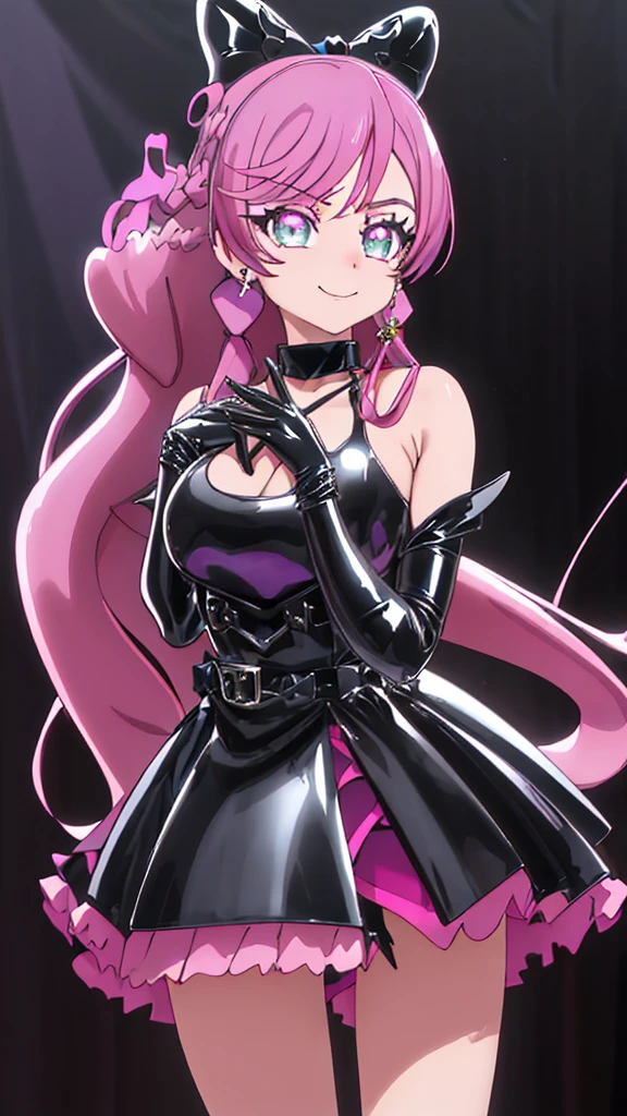 best quality, ultra detailed,1girl, solo, ((cure_prism_hirogaruskyprecure)), long hair, green eyes, pink hair, bow, bangs, black bow, 1girl, braid, gloves, holding, looking at viewer, black gloves, earrings, black skirt with frills, medium breast, black enamel boots, evil smirk, devilish smirk, (shiny fabric:1.5), full body shot, purple gem, seductive pose, blush, demon tail, (beautiful detailed eyes:1.6), extremely detailed face, perfect lighting, extremely detailed CG, (perfect hands, perfect anatomy), red and black color scheme, shiny material, smirks, black ribbon, black satin gloves, cyber bat wing ornament, black frills, jewelry, corruption, latex shine, black gothic cloak, velvet curtain in the background, black rose ornament, purple mesh,