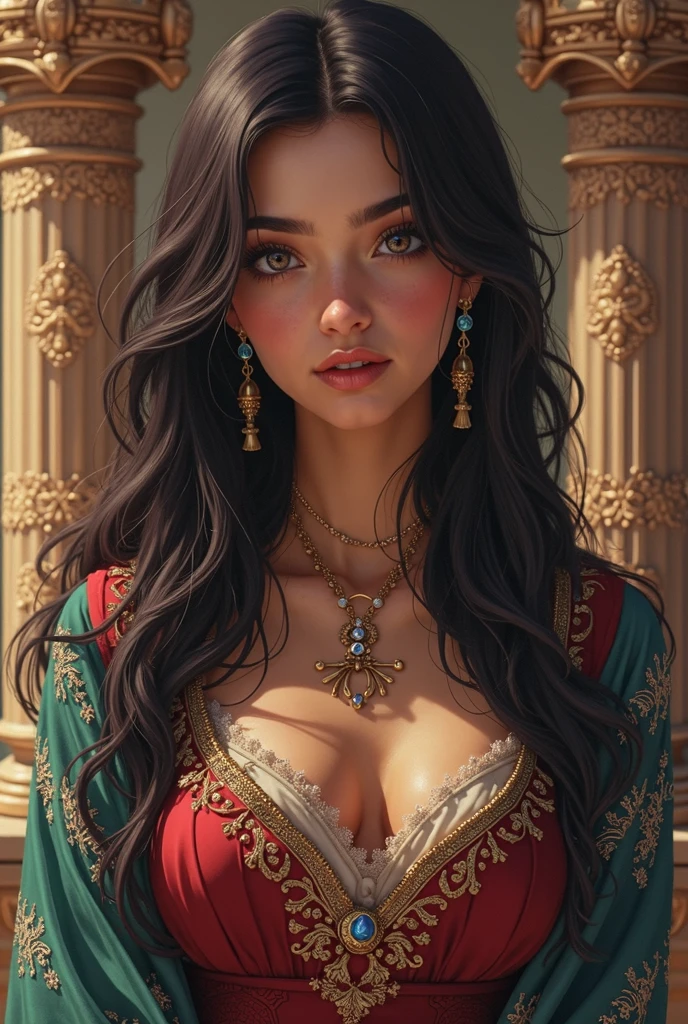 mulher 40 anos.lindo.cabelo vermelho.olhos amarelos.roupas imperiais