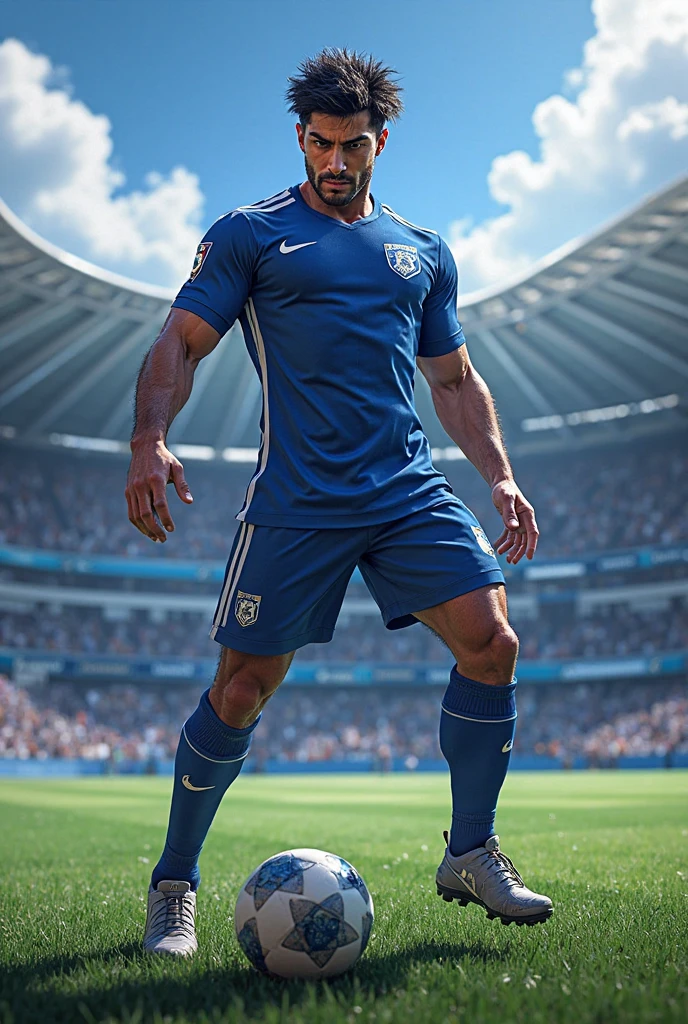 a male standing in the middle of a soccer field, no shirt, abs, smiling, looking forward, short hair, short quiff hair, brown hair, short brown hair, short brown quiff hair, shirtless, pectorals focus, shirtless