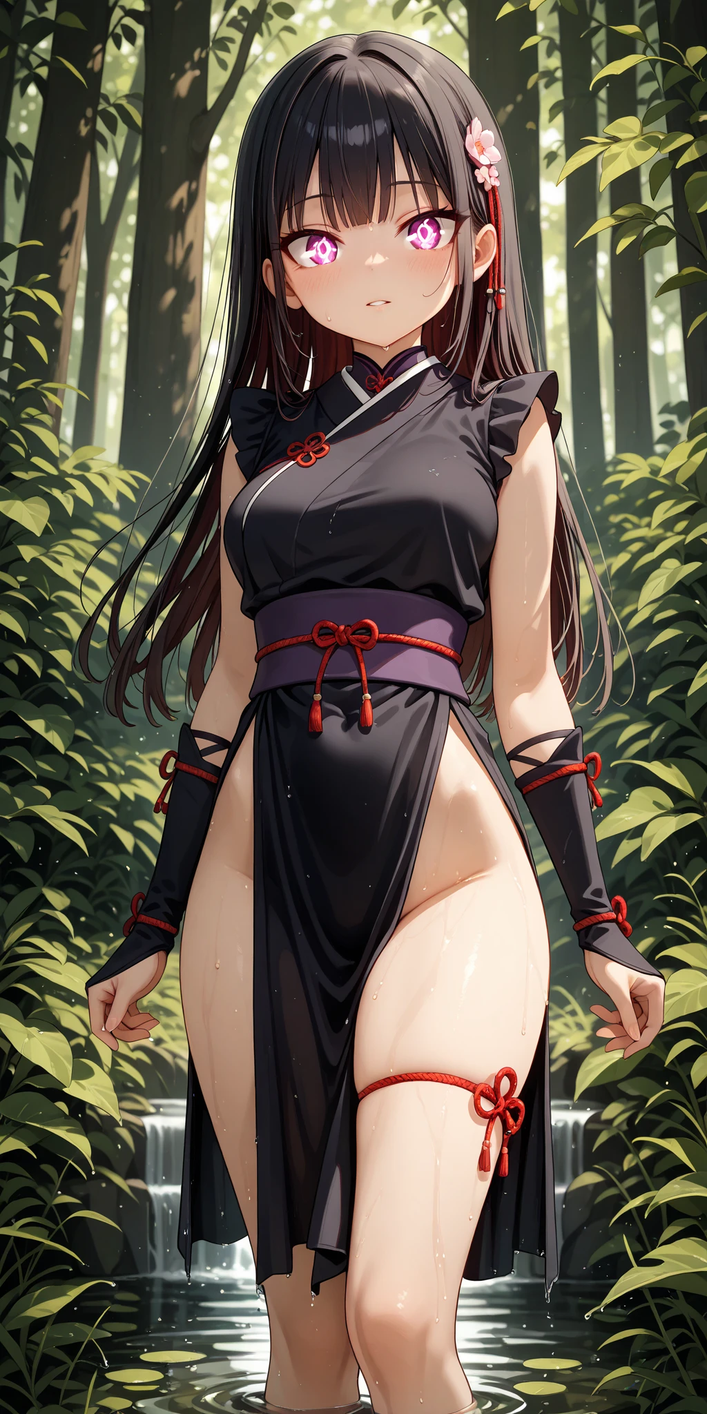 ((top-quality、8k、32k、hight resolution、masuter piece:1.2))Kuichi、Extraordinary beauty、a photo of a Japanese、the perfect body、((large full breasts:1.4、Big ass:1.2))Mansuji、Very Shorthair、A dark-haired、forest at night、bare-legged、squatting with spread her legs、电影灯光、