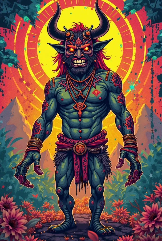 AotearoaMatariki, solo, maori, pasifika, 1boy, white hair, male focus, tan skin, dark skinned male, facial hair, beard, facial tattoo, hair feather, moko, tatoo, holding, upper body, staff, holding weapon, old, old man, demon wings, glowing, magic, evil grin, 4 point perspective, vantage point, embers, <lora:MatarikiAotearoaXL:0.8>