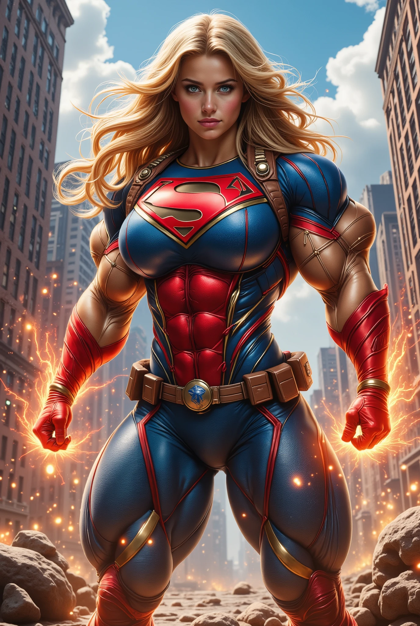 Comics superheroine, 19 years old girl, fighting in NYC, she is blond and muscular, comics style, masterpiece, action scene, movie, cinematic