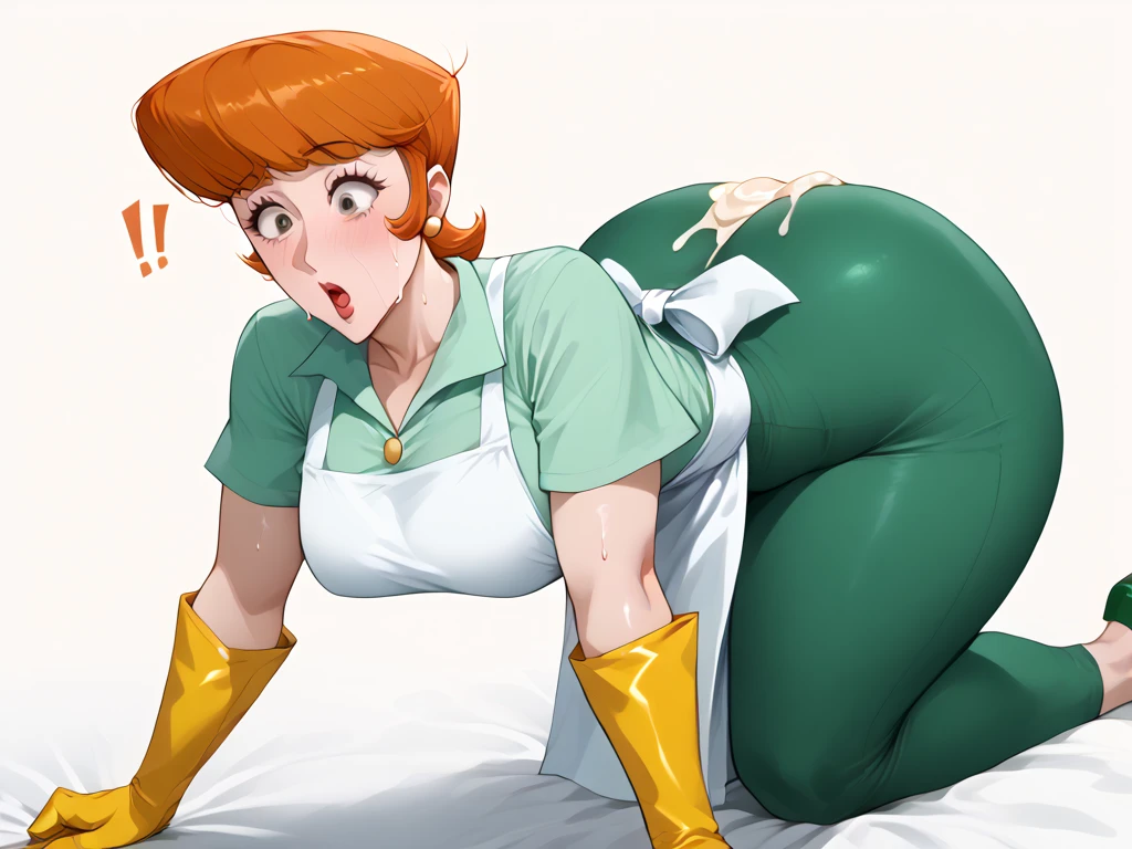 Dexter Mother from the cartoon "Dexter Laboratory" , Red hair, yellow latex gloves, green unbuttoned blouse, on the kitchen floor, torn green pants, pants down low, open legs , White apron,,a lot of hips, big breasts, big buttocks, in a kitchen, torn clothes, scared, blushing, sexy black panty , POV I put my hand on her thighs, orders, chained, POV you can see her naked breasts, POV she facing me, Pov cum in her anus, yelling, crying, Pov I put my penis inside her anus. penetrated by the anus, penetrated through her anus and not her vagina , a lot of semen in her anus, a lot of semen inside her mouth , crying muchísimo, sprinkled with deben on his chest, splashed with debit on his face, bruises on the body.