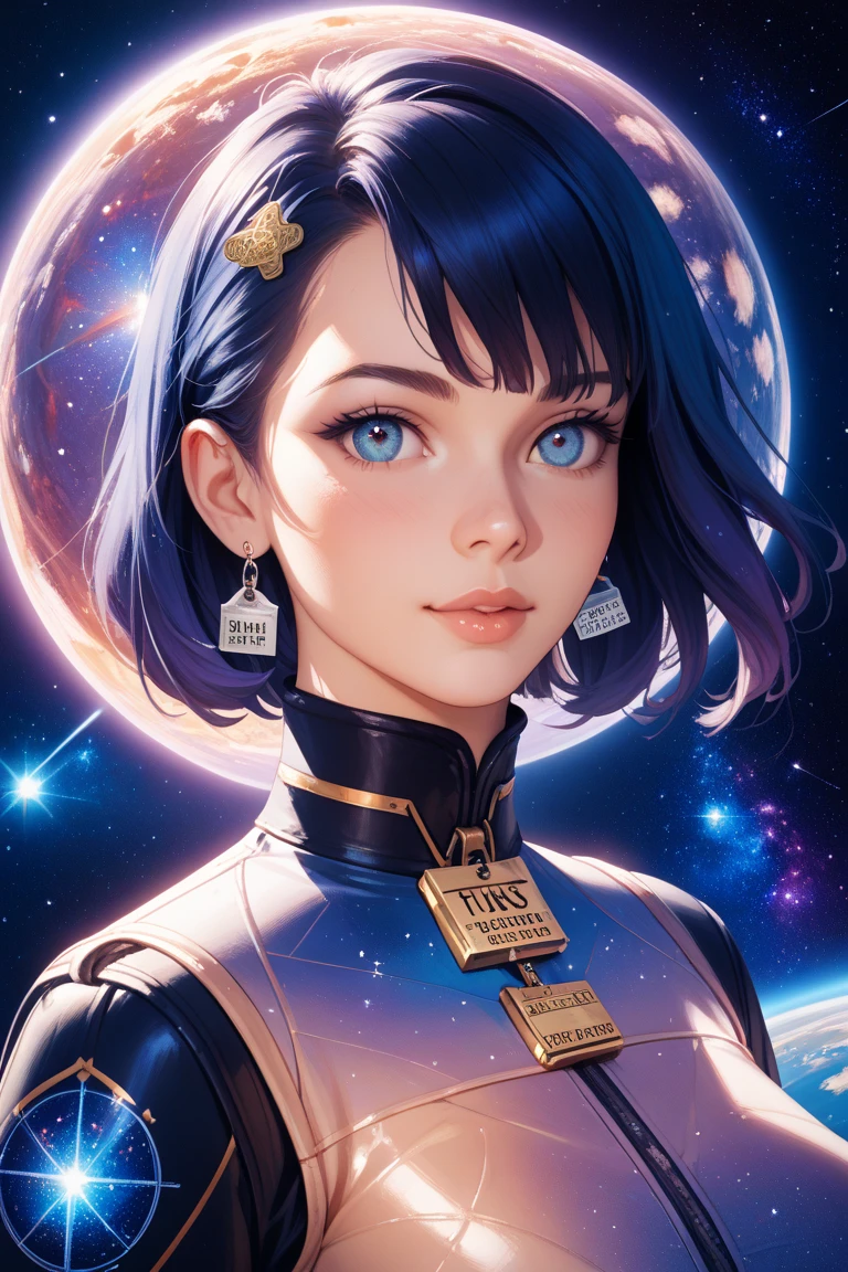 Super beautiful shining big eyes、Best Quality, hight resolution, 1girl in, Hanni, floating in the universe, Energy sphere, light Particle, frilld, Small breasts, Pleated skirt, (jacket partially removed), Shiny hair, Shining stars, Fantasy,