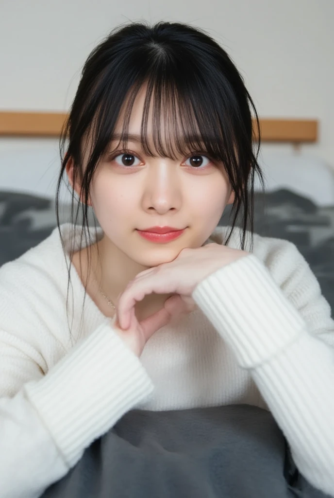 masterpiece, highest quality, 8k, 20th Generation, Large Breasts, cute, alone, sad, cute, Girlish, Delicate girl, Pure beauty,  RAW Photos, Professional photography, Portraiture, Soft Light, Professional Lighting, Backlight, Head to Knee, avert your eyes, Sophisticated, Film Grain, (Eyes and facial details:1.0), Short floating hair, Beautiful, flowing hair, bangs, (Loose cardigan(Pale yellow))、(Large Breasts:1.0)、You can see a little cleavage、Micro Mini Skirt、Voluptuous thighs、Dolly Makeup、Odd Eye、The color of the eyes is different on each side