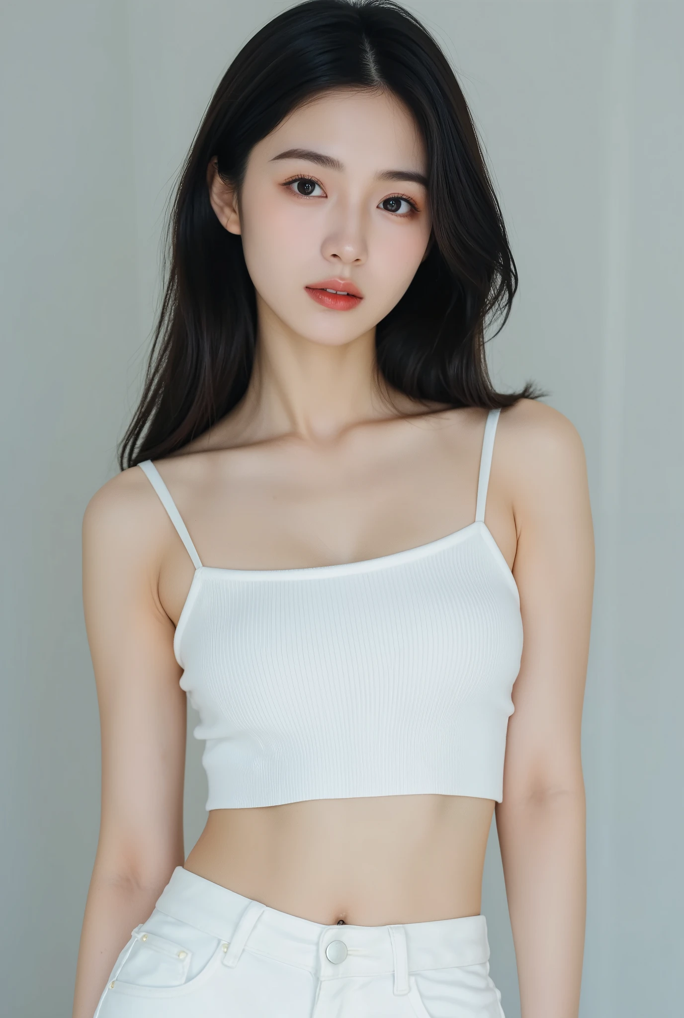 18 years old、(big breasts:2), (slim body:1.5), ( long and thin legs:1.5), ( small ass in plain black:1.5), High Resolution, masterpiece, accurate, Highest quality, high detail, ( super real:1.8),

Young Asian woman, Mid-20s,  posing in a studio setting.  She's wearing a white, cropped, ribbed tank top with a subtle v-neck and white high-waisted jeans.  Her expression is neutral, not overtly emotional, and her posture is straight, confident.   long, smooth, dark hair falls down her back.  Her facial features are delicate and symmetrical, with a soft, gentle smile.  Natural makeup, emphasizing her eyes and lips, creates a subtle aesthetic. Light, even skin tone.  A light gray, textured wall forms the backdrop, providing a muted contrast to the white outfit. The lighting is soft, even, and strategically placed to highlight her figure, without harsh shadows.  The composition is centered, featuring a mid-section view that draws attention to her body proportions.  The overall mood is suggestive of a fashion or beauty editorial. Minimalist aesthetic.  Natural colors, simple outfit, straight pose, neutral expression.  Soft lighting accentuates the subject.  Focus on form and proportion.  High-fashion aesthetic.  Slight emphasis on the figure.  Studio portrait style.  Medium shot.