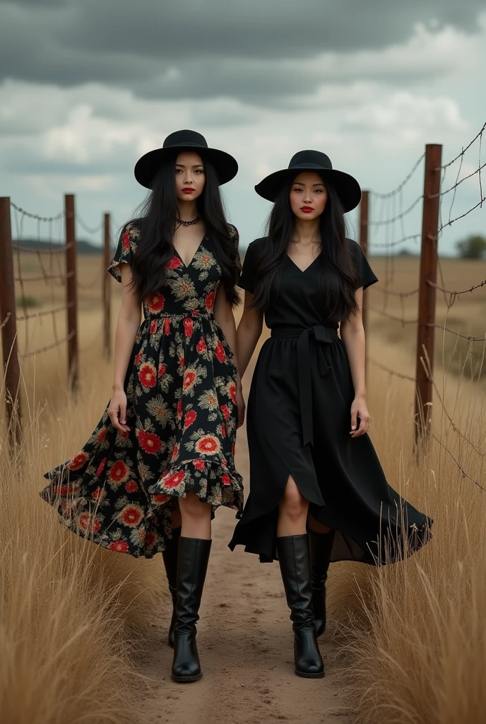 (Close-up of a better masterpiece:1.5)photo profesional beautiful woman, original photo
original photo of two 34 year old curve Asian women with long black hair, wearing hat,wearing black floral dress, black shoes, walking with savanna background, tall dry wild grass, wooden fence stretching, rusty chimney, dark clouds