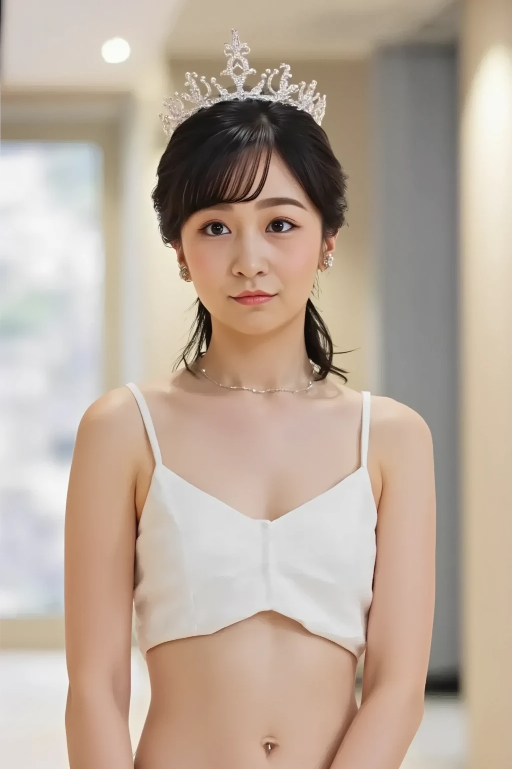 (Masseter muscle part:1.3)、(In 8K、Photoreal、Raw photo、highest quality: 1.4)、(1 girl)、beautiful face、(lifelike face)、(brown hair、short hair:1.1)、beautiful hairstyle、realistic eyes、beautiful details、（skin that looks real）、beautiful skin、knit、navel、attractive、Super high resolution、surreal、high detail、golden ratio、Around 10 years old、leaning forward、I can see your chest、Sexy、raise a hand、show your armpits