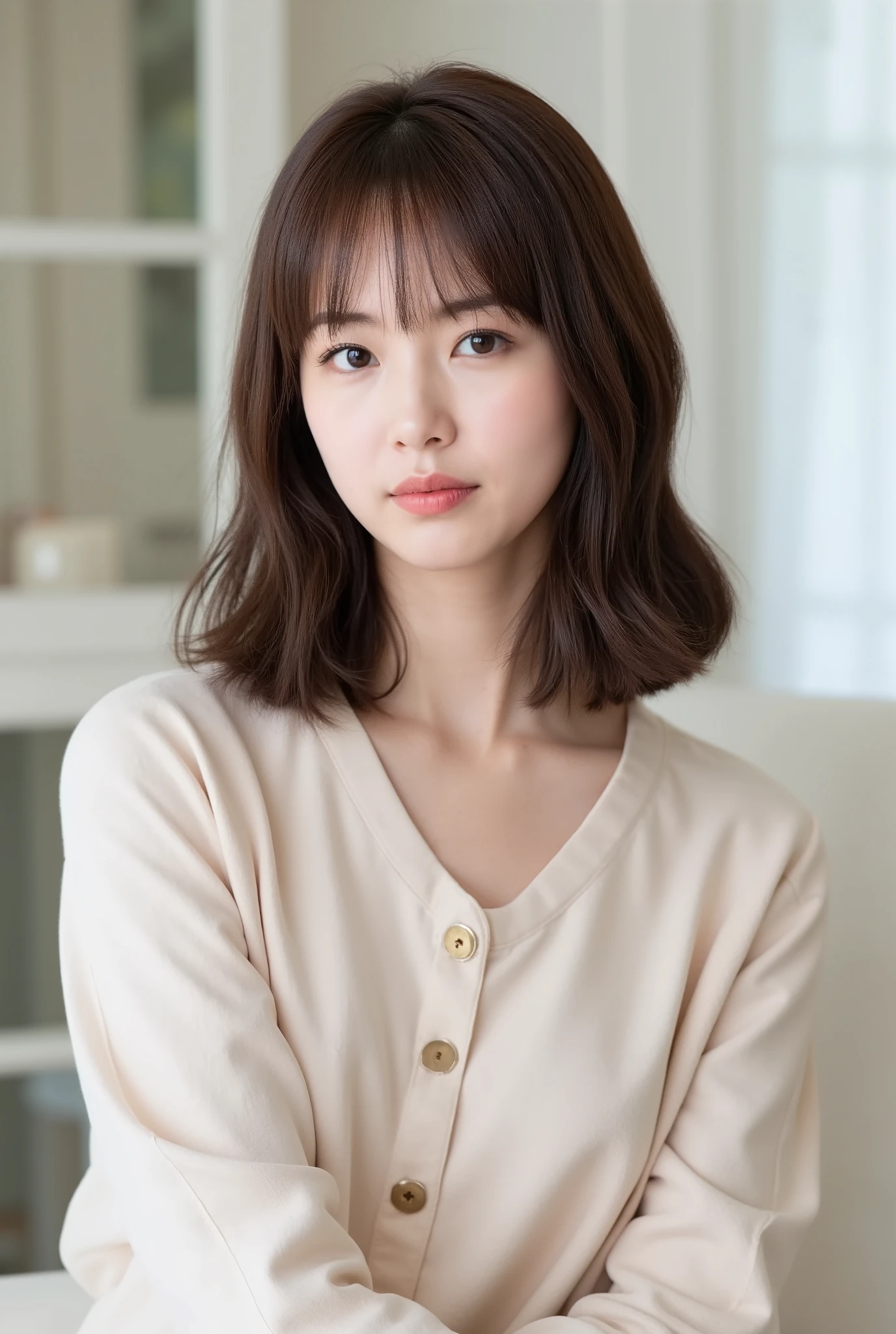 Create a portrait of a stunning Japanese idol girl, focusing on a close-up from the shoulders up. She has a slender figure and a petite chest, with medium-length hair. The outfit should reflect a light and breezy spring fashion, suitable for a fashion magazine gravure shoot.
