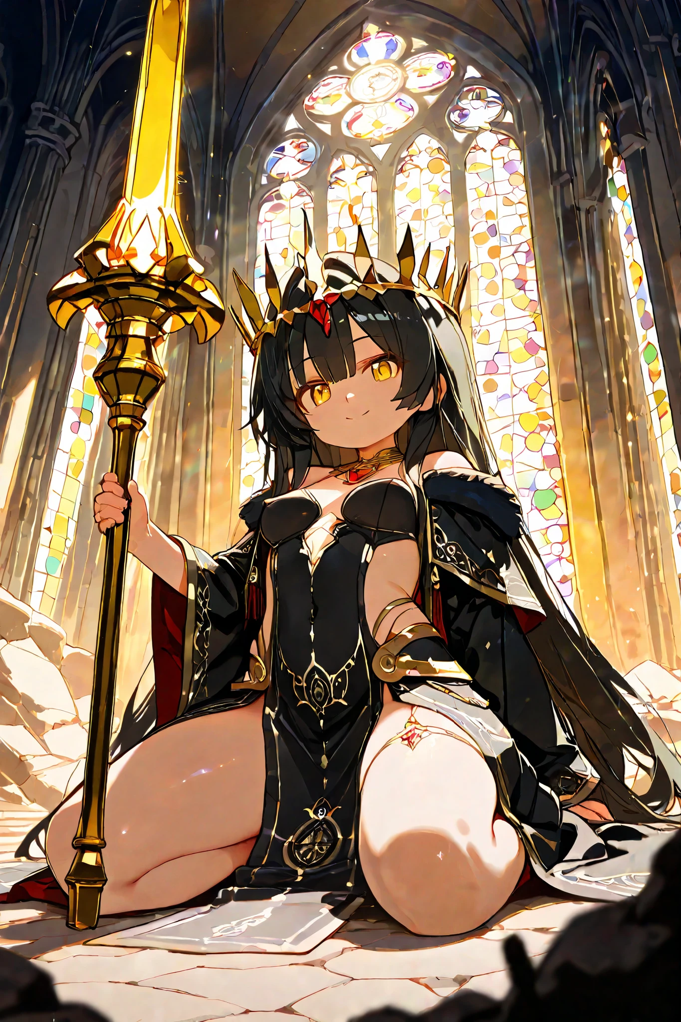 "Epic low-angle view of a 25-year-old divine emperor with jet-black hair and glowing golden eyes, seated centrally on a monolithic obsidian throne, wearing intricate black-and-gold brocade robe with celestial constellations embroidery, youthful yet authoritative face illuminated by divine backlight, ornate gold crown with obsidian spikes casting dramatic shadows, both hands gripping ancient grimoire and glowing scepter, in a cavernous Gothic cathedral with 100ft stained glass windows depicting apocalypse scenes, stone archangels leaning from ribbed vaults, crusader knights' blurred silhouettes kneeling in smoke-filled foreground, geometric pools of light converging on the throne, hyper-realistic fabric textures with gold thread details, cinematic chiaroscuro lighting with volumetric god rays, dark fantasy baroque style, ultra-detailed 8k --ar 21:9 --style 4b --stylize 1250"