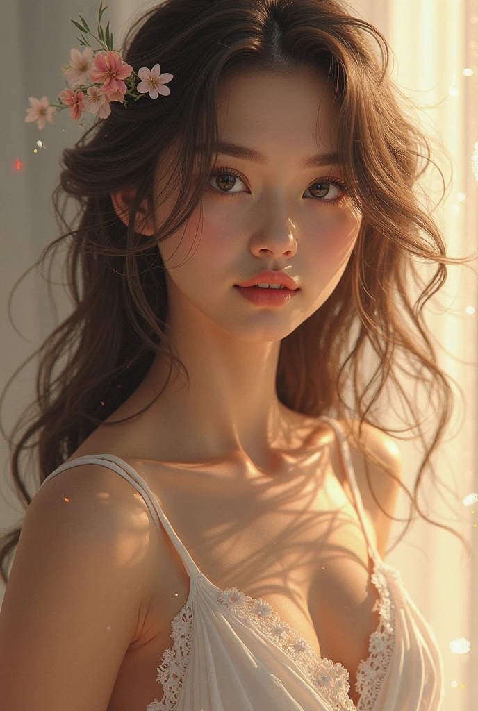 raw photo, 1young girl, kawaii, brown eyes, unique, individual, distinctive face, extremely detailed eye and face, fair skin, lace cute bra, beautiful breasts, upper body, (Best Quality, highly detailed:1.2) High-definition raw color photos, professional photograpy, Realistic portrait, sunset shining through the window, breathtaking beauty, 