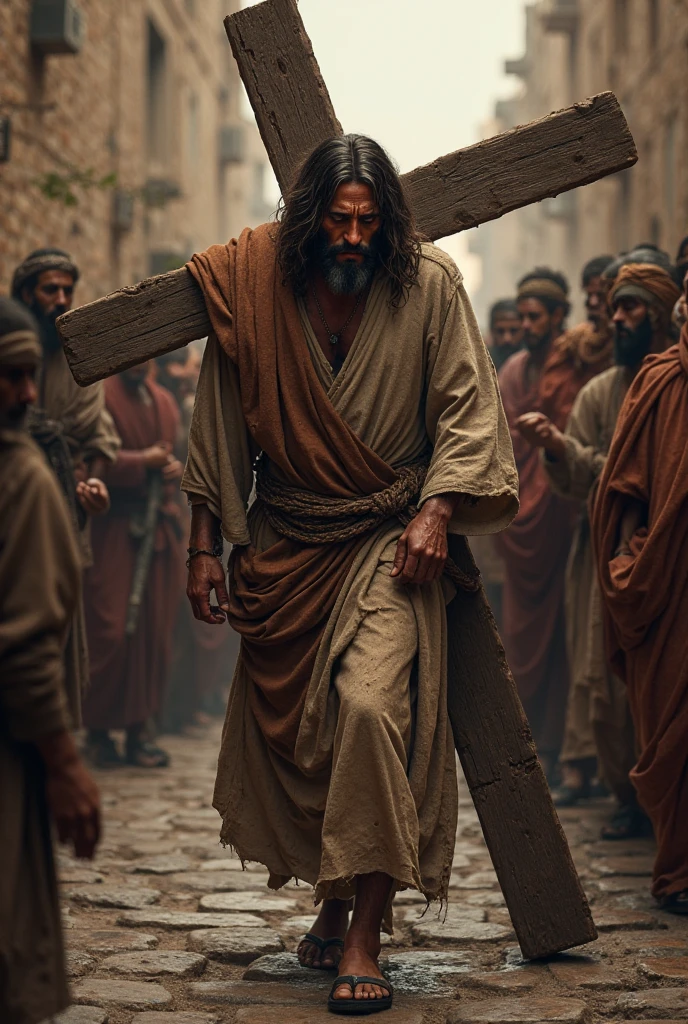 Jesus is depicted as He struggles to carry the Cross through the crowded streets of Jerusalem. His face reveals exhaustion and pain, and His white robe, stained with blood and dirt, clings to His battered body. He still wears the crown of thorns on His head, with sharp thorns digging into His scalp, causing blood to trickle down His forehead and mix with sweat. His hands, visibly strained and bleeding from the weight and friction of the Cross, grip the rough wooden beam with great effort. As He moves forward, He encounters His Mother, the Virgin Mary, standing amidst the crowd. Mary’s face is marked with profound sorrow and anguish, her hands reaching out towards her Son. She is dressed in simple, modest attire, her expression a poignant mix of compassion and grief. The scene captures the emotional intensity of their encounter, with Jesus’s hands straining under the weight of the Cross as He exchanges a brief but powerful gaze with Mary. The background features the dusty, crowded streets of Jerusalem under a somber, overcast sky, reflecting the gravity of the moment. This moment highlights the deep emotional and spiritual connection between mother and Son amidst the suffering and pain."