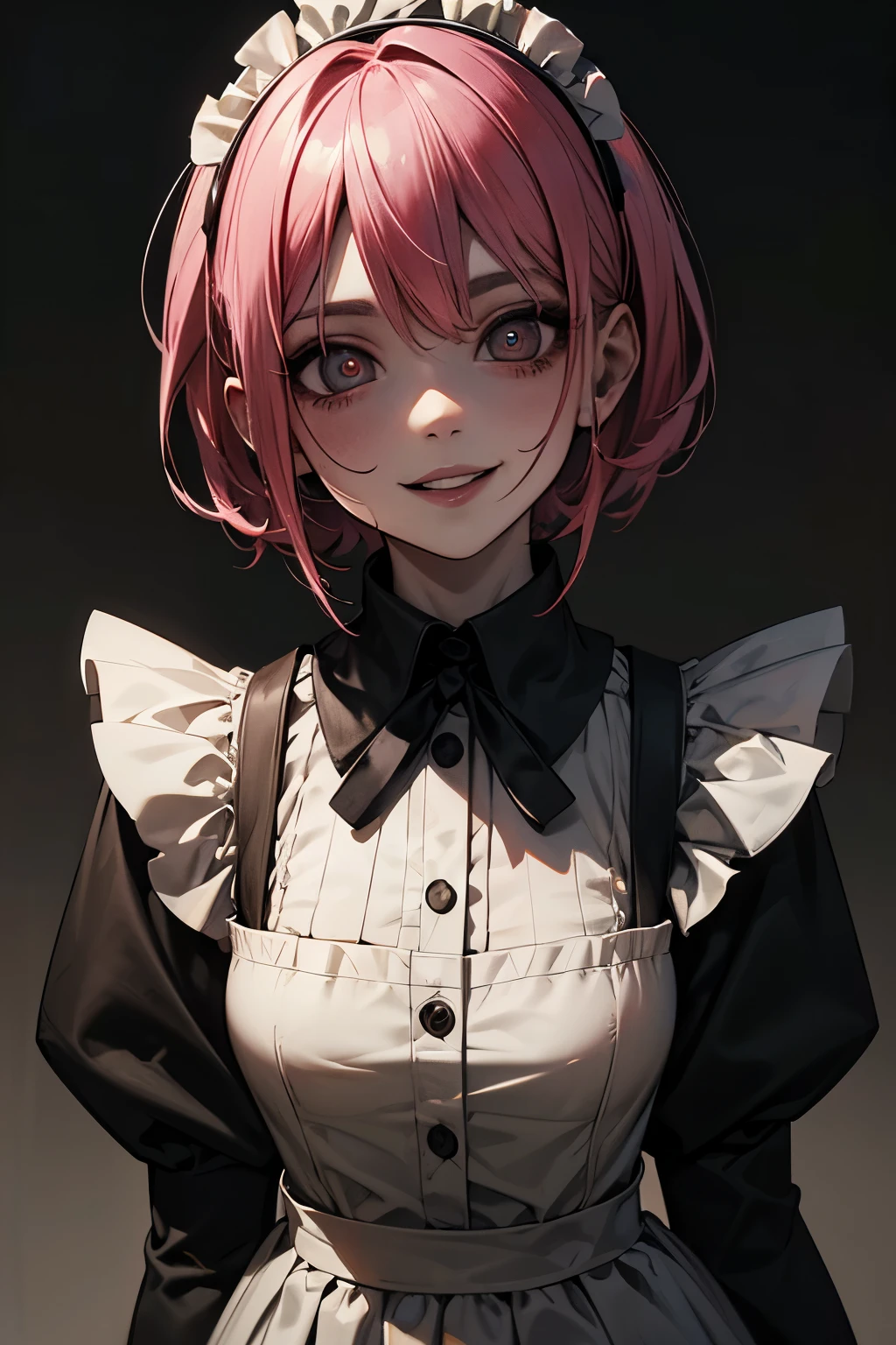 (best quality,4k,high resolution,masterpiece:1.2)With a monochrome touch,in a wasteland,detailed eyes,beautiful detailed lips,extremely detailed large eyes and face,long eyelashes, perfect anatomy, a 20-years-old maid with short pink hair is standing,laughing, Europian noble face,face with demonish smile, tightly fitted outfit,black long-sleeved maid costume,wearing long skirt, small bust, wearing white tights, upper body portrait,beautiful face with evil smile, large sadistic eyes,bloody lip with cruel smile, feels an evil expression.