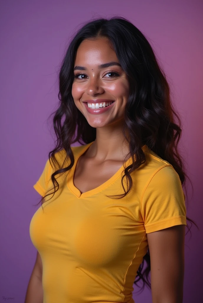 photorealistic, sharp focus, raw photo,  photo, beautiful 20 y.o latina-spanish girl, , detailed skin poreace texture, pores, (goosebumbs:0.7), photorealistic, beautiful 20 y.o latina-spanish girl, in restaurant selfie, wearing yellow shirt, smiling towards the camera, nice body, looking at camera, angle taken from right hand on an iphone 14 camera, messy hair