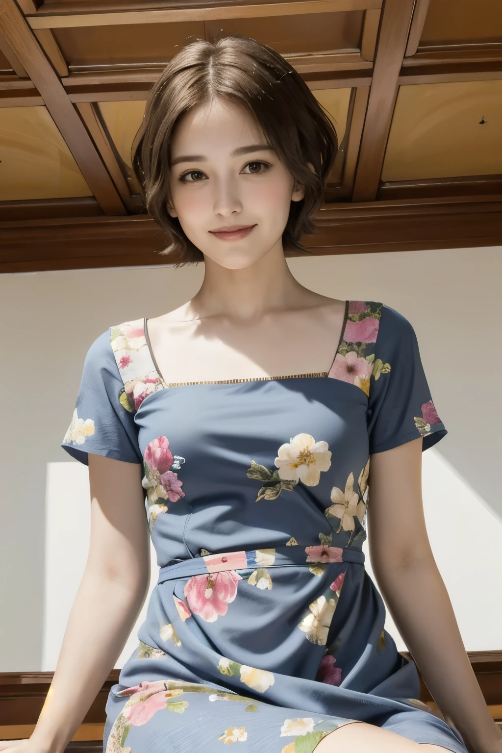 362 (20 year old female),(short hair), ( High Definition Photos ), (gentle smile), (colorful floral dress), (Leonardo da Vinci Paintings)