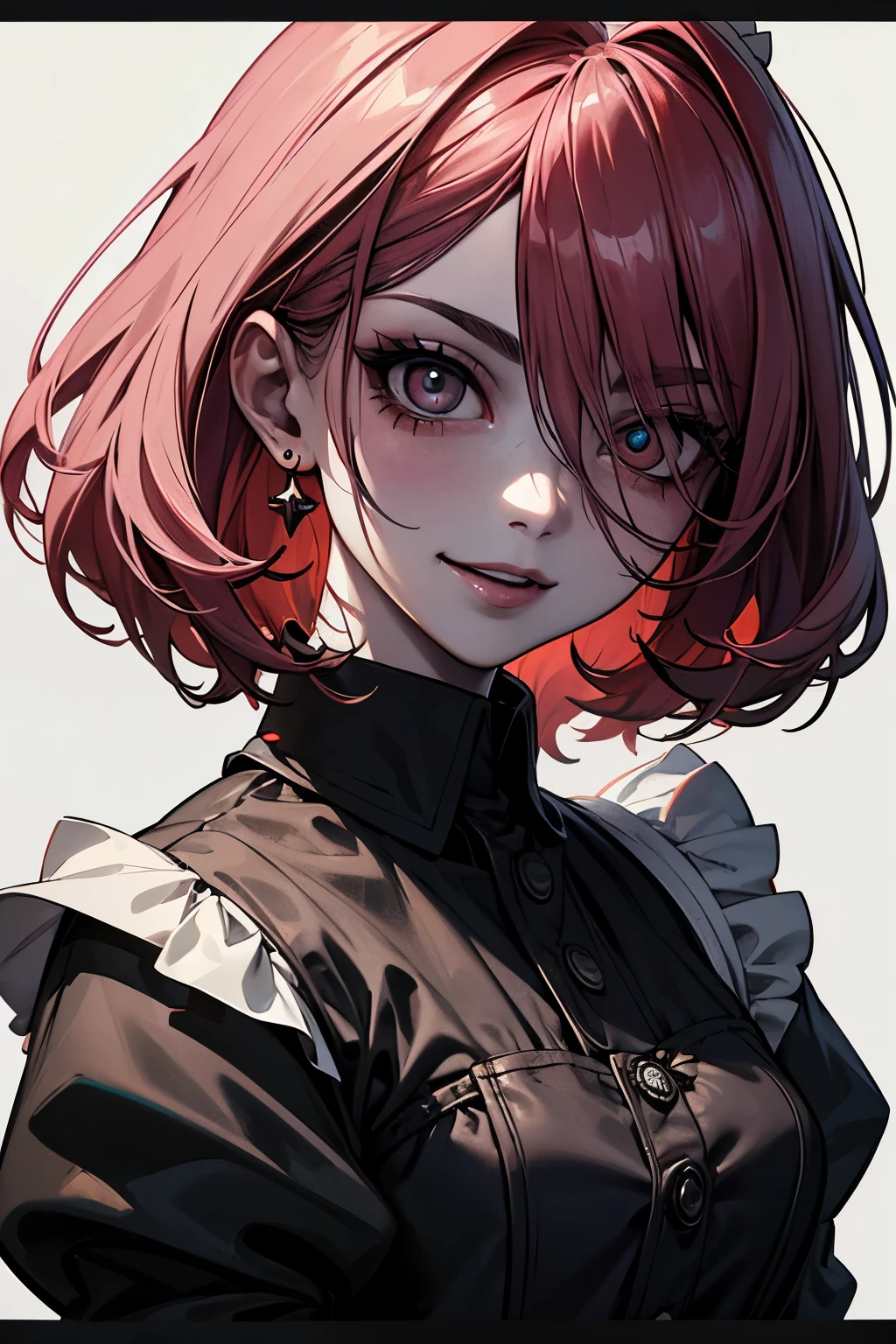 (best quality,4k,high resolution,masterpiece:1.2)With a monochrome touch,in a wasteland,detailed eyes,beautiful detailed lips,extremely detailed large eyes and face,long eyelashes, perfect anatomy, a 20-years-old maid with short pink hair is standing,laughing, Europian noble face,face with demonish smile, tightly fitted outfit,black long-sleeved maid costume,wearing long skirt, small bust, wearing white tights, upper body portrait,beautiful face with evil smile, large sadistic eyes,bloody lip with cruel smile, feels an evil expression.