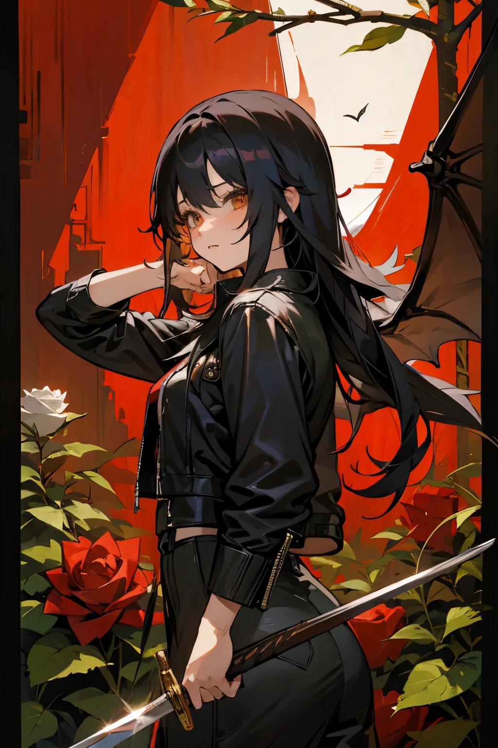 Emo Chen , rose bush , dragon ,heart,Feather,wing,[branch, A long-haired girl with a sword in her hand is half-naked and wearing a leather jacket , Man's Face Behind