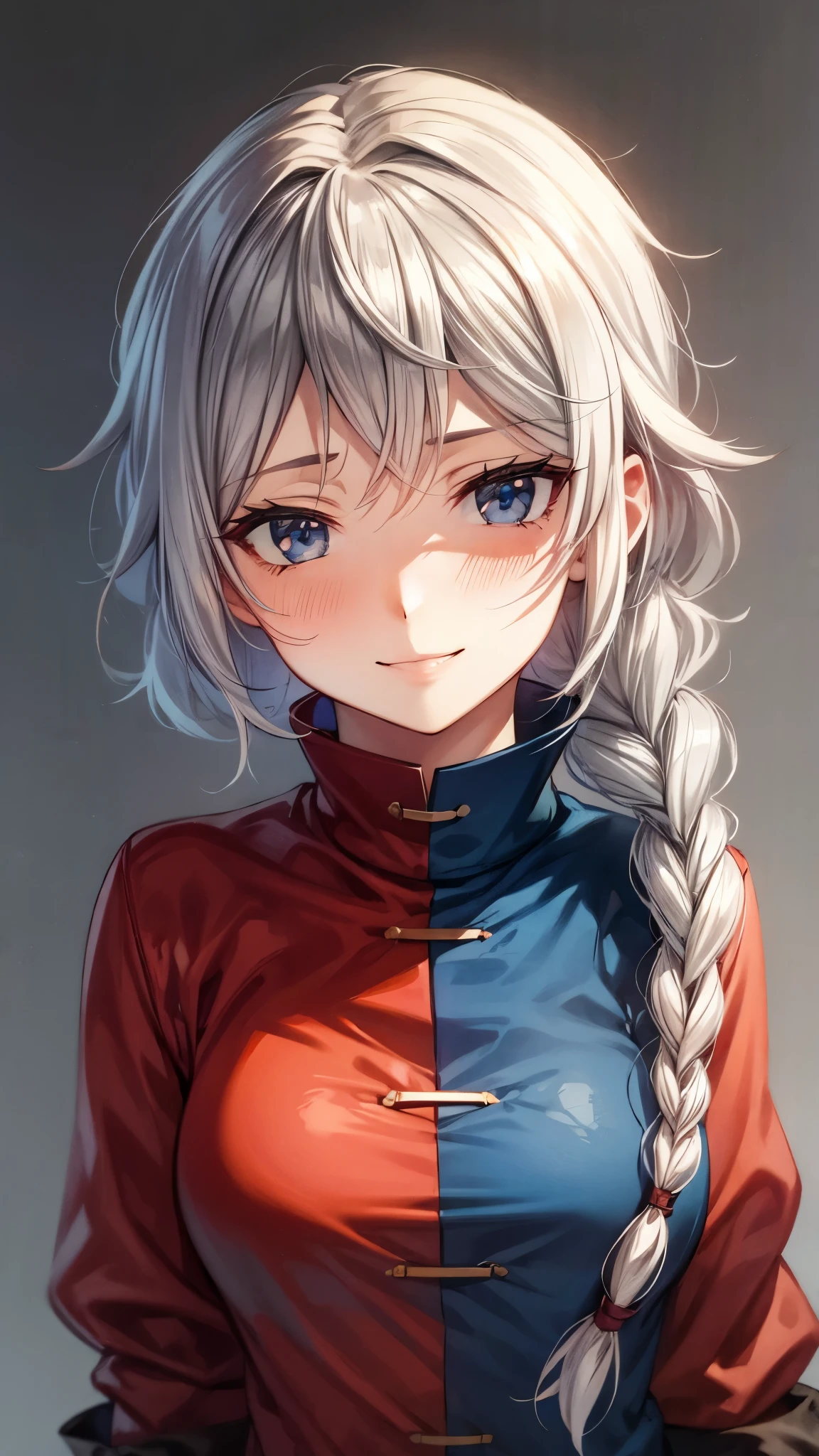 (Ultra High Quality,Ultra High Definition,16k,super masterpiece,Ultra HD , detailed shading and background,) one woman,Long silver hair, braids,smile,blush,antique medical office,