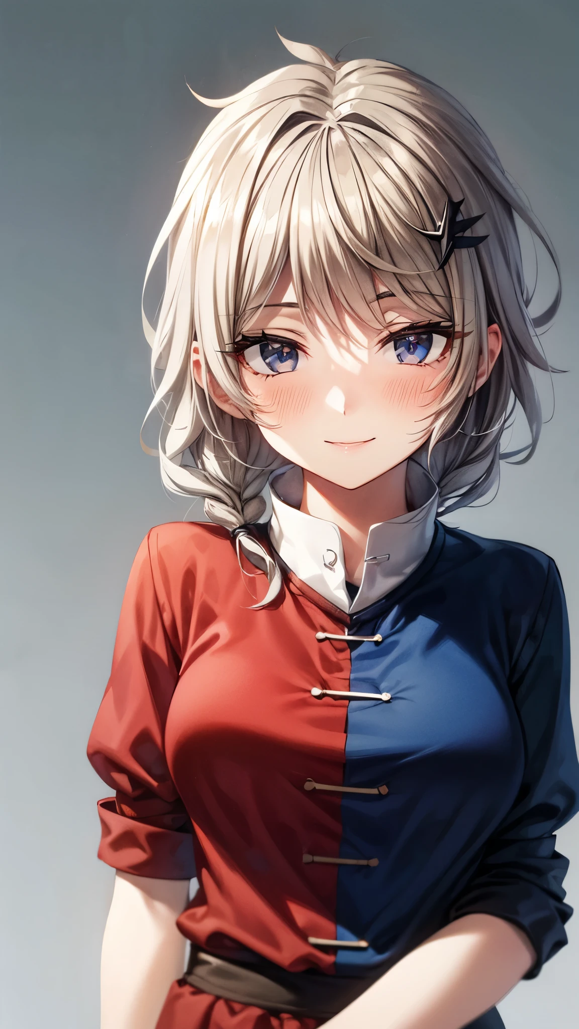 (Ultra High Quality,Ultra High Definition,16k,super masterpiece,Ultra HD , detailed shading and background,) one woman,Long silver hair, braids,smile,blush,antique medical office,