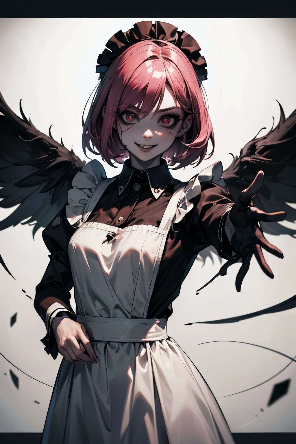 (best quality,4k,high resolution,masterpiece:1.2)With a monochrome touch,in a wasteland,detailed eyes,beautiful detailed lips,extremely detailed large eyes and face,long eyelashes, perfect anatomy, a 20-years-old maid with short pink hair is standing,laughing, Europian noble face,face with demonish smile, tightly fitted outfit,black long-sleeved maid costume,wearing long skirt, small bust, wearing white tights, upper body portrait,beautiful face with evil smile, large sadistic eyes,bloody lip with cruel smile, feels an evil expression.