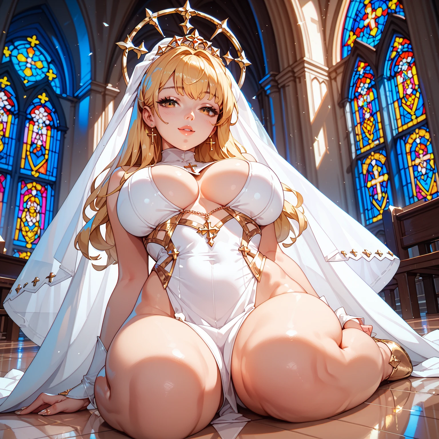 Hi res, masterpiece, 8k, NSFW, kagamine rin, (she has gigantic tits: 1.6), (she has dense blonde pubic hair: 1.6), (orange long queen dress: 1.4), (white lace stockings: 1.4), (white high heels: 1.4), (diamond crown: 1.4), in a throne room, with red drapes on the wall behind her, (she is sitting with her legs spread wide on a luxurious gold throne with exposed vagina: 1.4), (groping her tits: 1.6), (squirting a huge load of cum: 1.5), orgasm face, moaning open mouth, cumming, erotic gaze, partially closed eyes, looking at the viewer (front view: 1.4)