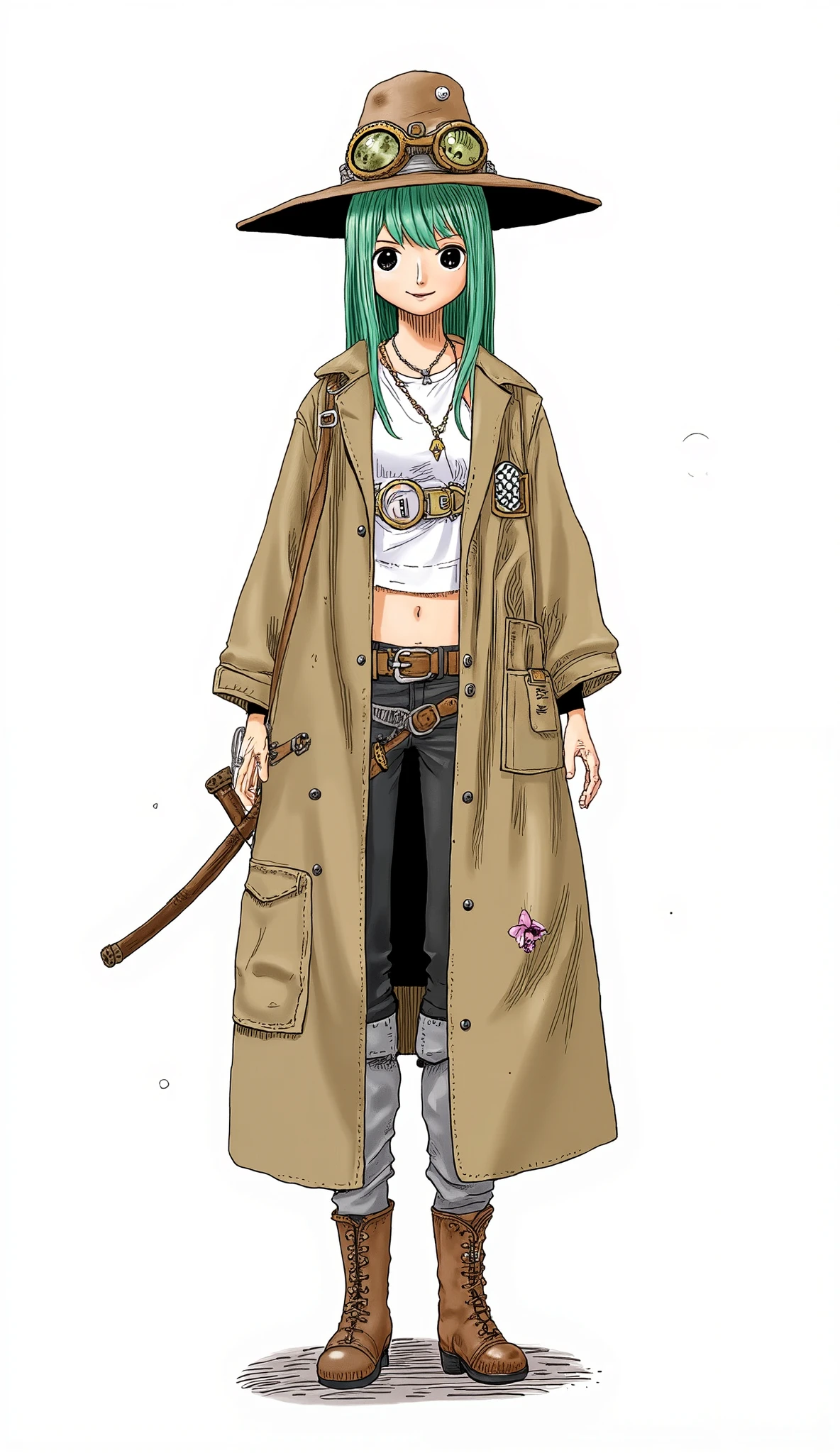 girl、background is stark white、on3pi3c3styl3、ground、pastel collar、Easy-to-read illustrations、 detailed hands、 Details、Perfect piece、high quality、32K、Alone、alone、 perfect eyes、detailed eyes、 beautiful face、high qualityな顔、(full body:1.6)、(Big Breasts:1.4)、cartoon dress character design、(perfect face:1.6)、Beauty、detailed illustration、Fine Lines、 nice smile、shame、Portrait Photography、 cute illustrations、((emerald green)hair、(brown)cowboy hat、rider goggles on the head、(gray) long jacket、(black)jeans、(brown) western boots 、Ancient weapons)
