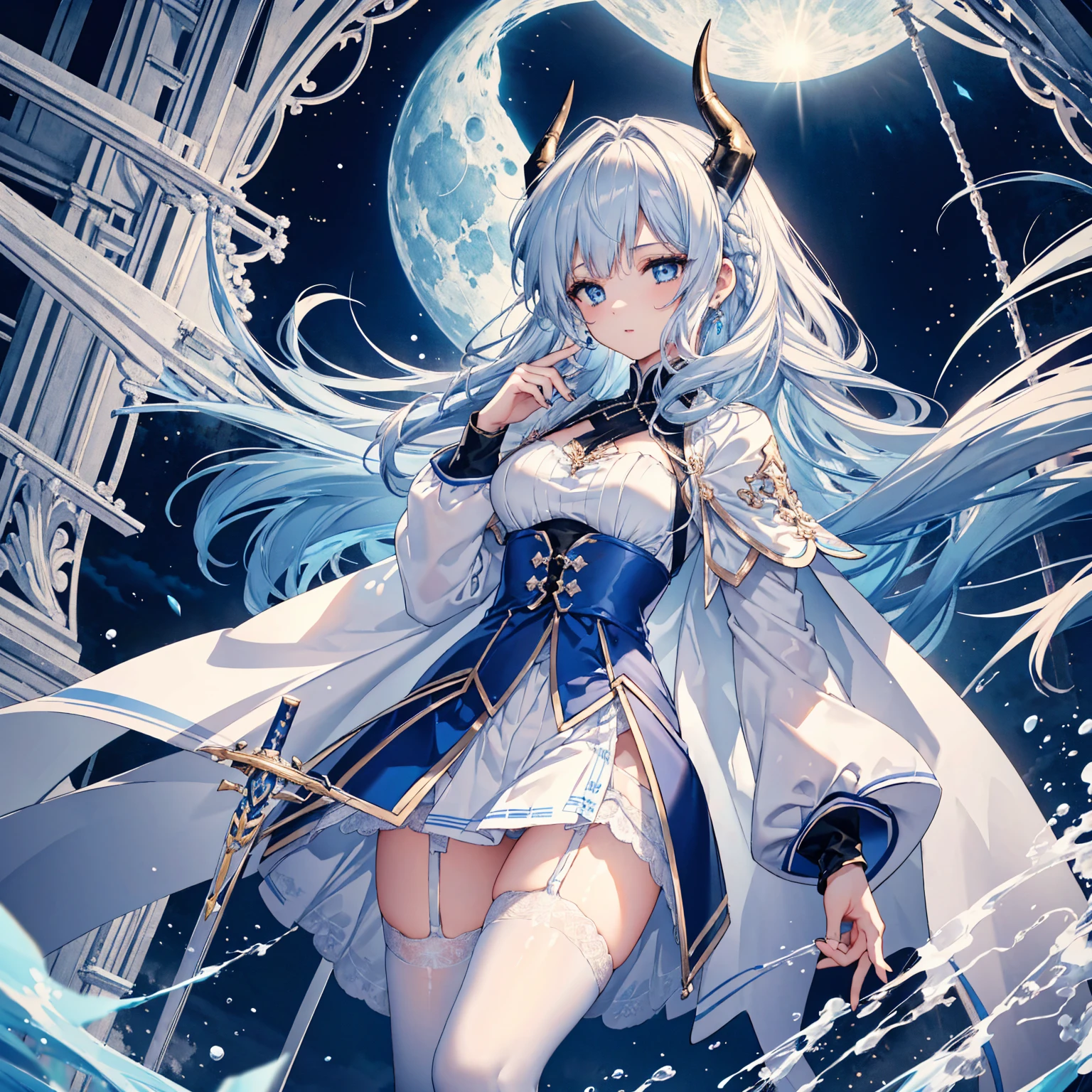 (masterpiece, highest quality), (Perfect athletic body: 1.2), (Detailed Hair), , watercolor, Big breasted, Very detailed, Anime Style, whole body, alone, Stone Wizard Girl, Cyberpunk ancient black national costume, stone horns growing from the head, Very long shiny grey hair and golden eyes, strange stone tools, Wear long boots, Black Background, whole body, cute, (One girl:1.3), With a magic wand, own hugging feet, Sitting on the blue water, View your viewers, Ancient Artifacts, Shining starry sky, Big Moon