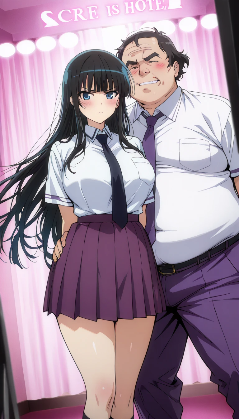 (1girl, 1old man:1.8), (old man and girl hugging:1.8), Anime cel drawing style, masterpiece, Best Quality, High resolution, nsfw, cowboy shot:1.6, (gigantic breasts:1.6), shirt lift, panty shot, fear, Purple hair, Bangs, Side Ponytail, Hair Ornament, highleg panties thong, bra, classroom, White sailor suit, Short sleeves, red neckerchief, (1girl 1old man kiss:1.8),