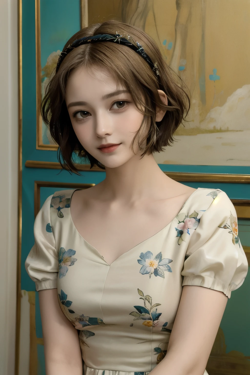 362 (20 year old female),(short hair), ( High Definition Photos ), (gentle smile), (colorful floral dress), (Leonardo da Vinci Paintings)