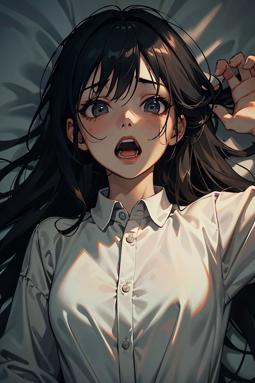(best quality,4k,high resolution,masterpiece:1.2), In a dark hospital room, a  girl is sleeping, screaming on the bed, woke up from a nightmare, being shocked,being very scared, being surprised, a photorealistic cute girl with long black hair, wearing white pajamas, Europian face, noble face,  open eyes with fears, open mouth to scream,upper body portrait.
