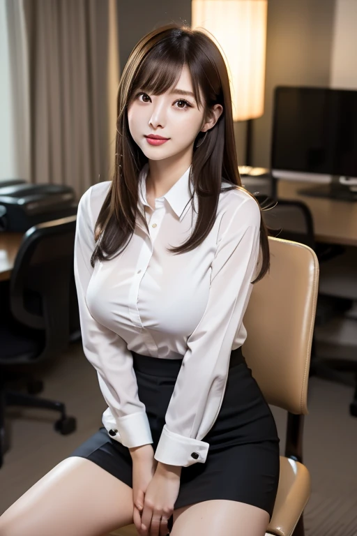 (Best Quality:1.2), Raw photo, High resolution, perfect detail, Professional Photography, Professional Lighting, Sharp Focus, Very beautiful cute girl, Japanese girl, Beautiful detailed face and eyes, Detailed double eyelids, droopping eyes, dark hair, with bangs, smiling, woman in the job market, (huge breast:1.3), huge buttocks, sexy body, white collared shirt, tight black pant suit, (without jacket:1.4), (full-body shot:1.2)