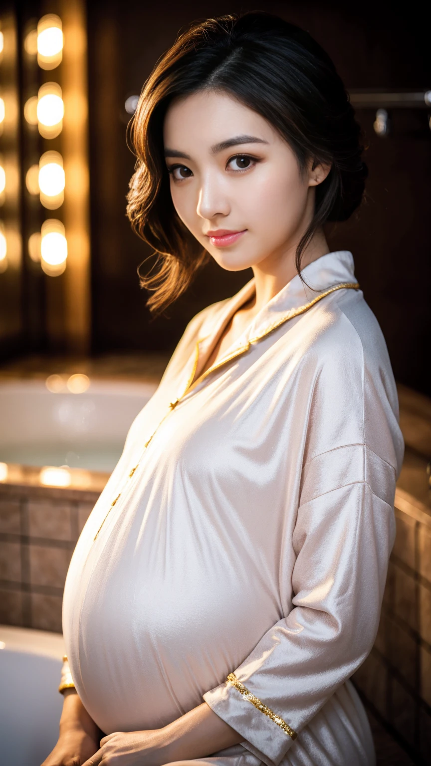 ((Best quality, 8k, Masterpiece :1.3)), Sharp focus :1.2, ((18years.Beautiful geisha in kimono.bare shoulders,Is pregnant. Pregnant belly))sitting in the room. On the bed. °Highly detailed face , looking at the viewer , texture, Detailed eyes, Double eyelid_mix4, 20d,Hiper-realistis:1.37),16K HD,