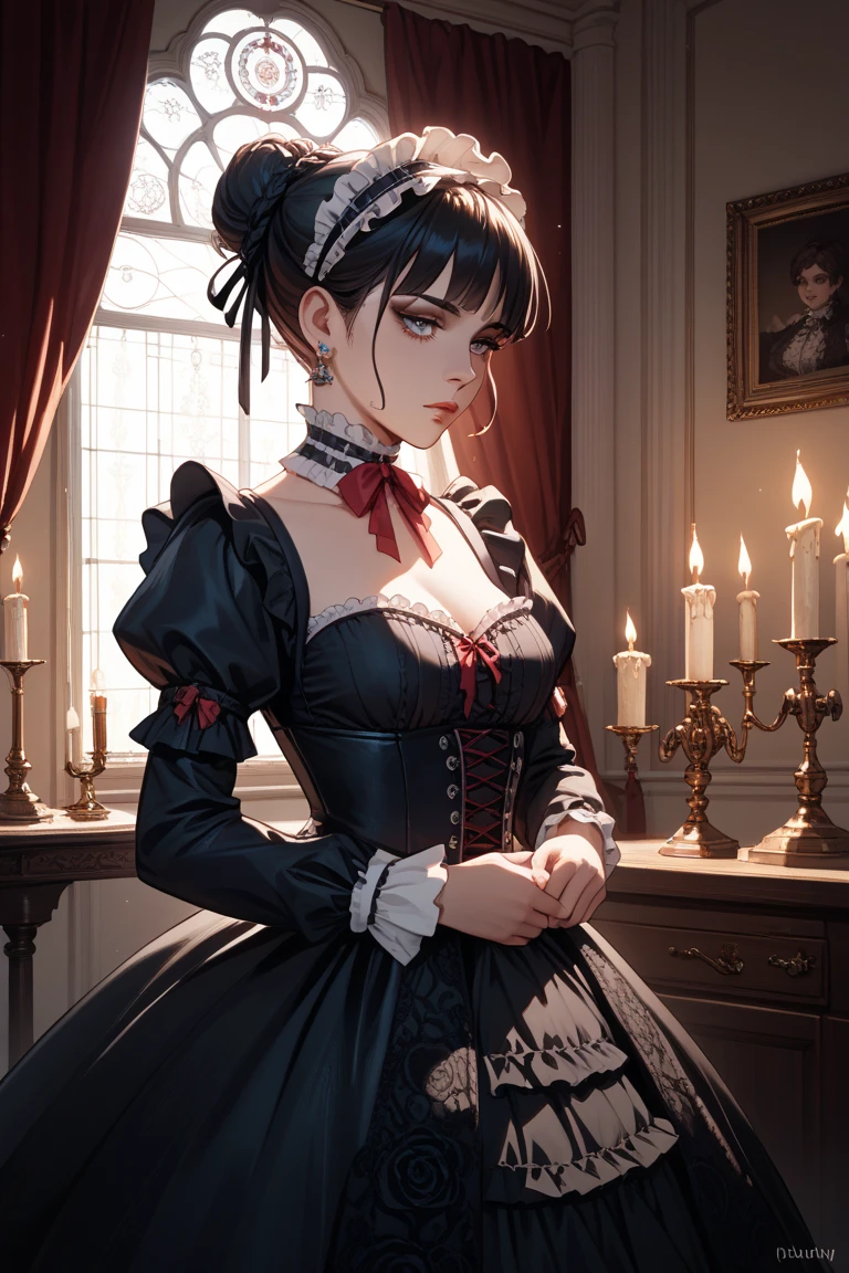 best quality, masterpiece, 1girl, (full sleeves gown and hoop skirt:1.2) jewelry, smile, (open mouth:0.8), 17th century bedroom, <lora:more_details:0.3> <lora:han_juri:0.8> han_juri, red eyes,
