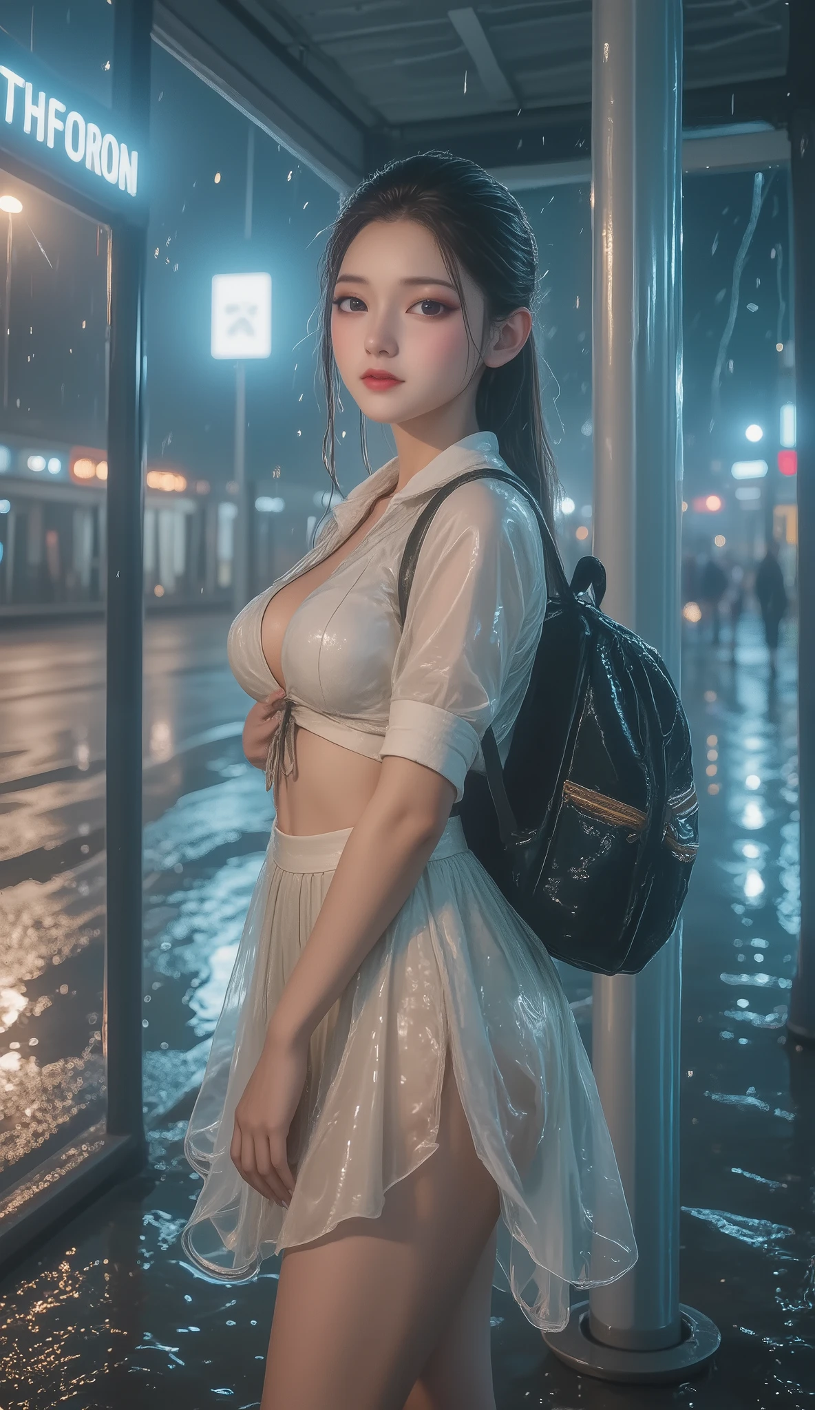 NSFW, TOP QUALITY , HD, 16k, unbelievably ridiculous , very well detailed, 2.5D, Delicate and Dynamic , beautiful woman, attractive smile , busty high school girl , uniform、 sailor suit、、 , backpack, , glitter effect, ((It's raining:1.3))、((My clothes get wet in the rain、and I can see through my underwear:1.7))、 Waiting for the Bus at the Bus Stop , ((Big puddle、Reflected in a puddle:1.8)