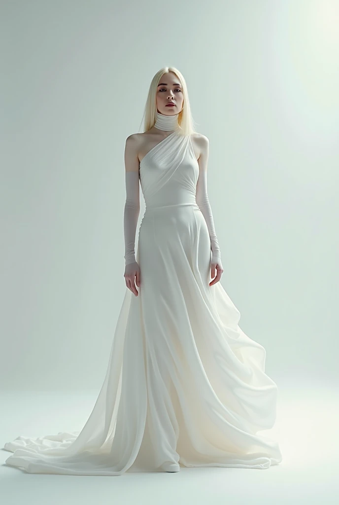 Gray pigeon-white human female hybrid, muscular white human female body and gray pigeon head, white summer dress,