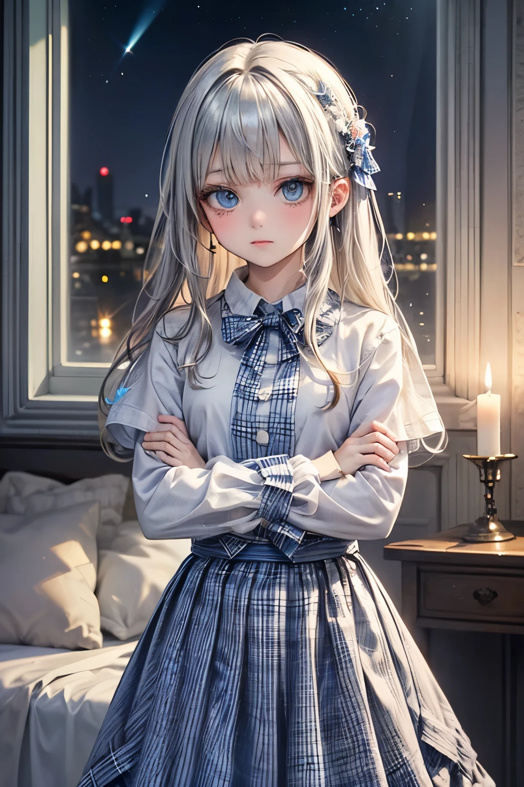 (masterpiece),(Highest quality:1.2),((perfect anatomy)),(( cross your arms around your back)),(1 girl),(flat chest),Highest quality,( Royal Blue White Plaid Long Skirt:1.3),( Sheer White Knit Clothes ),( long silver hair), beautiful detailed blue eyes ,beautiful,In the room at night, DESPERATE Visual Impact , like hugging the sky, Candlelight ,description border depth